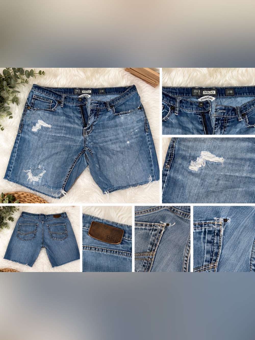 BKE Nolan 33R Distressed Denim Cutoff Shorts Straight Leg Light Wash